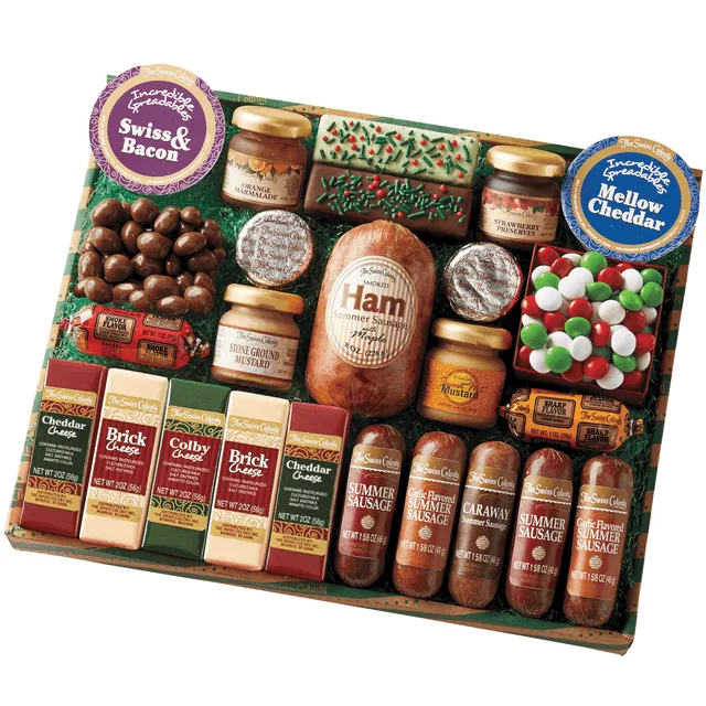 The Swiss Colony 25 Holiday Favorites - Assorted Chocolates, Sausage Meats, Cheese Blocks, and Spreadables, Sweet and Savory Variety Treats, Gift for Holidays, Christmas, or Birthdays