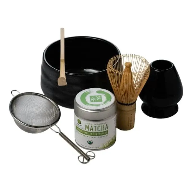 Dr. Weil Matcha Kari - Complete Matcha Tea Set - Black - Japanese Ceremonial Organic Matcha with Whisk and Holder, Ceramic Bowl, Sifter, and Scoop