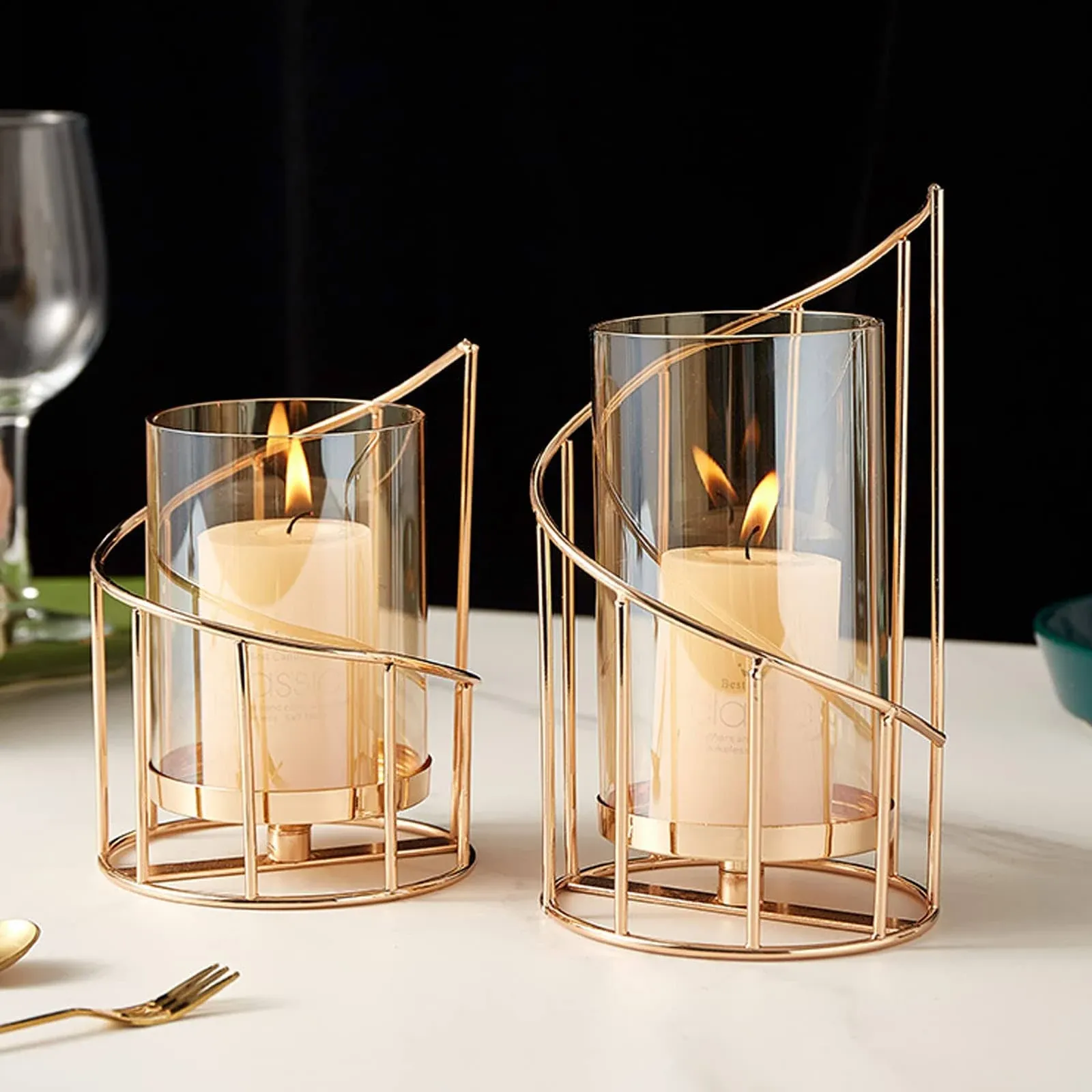  Metal Wire Candle Holder Set of 2, Glass Pillar Candle Holders Gold Spiral