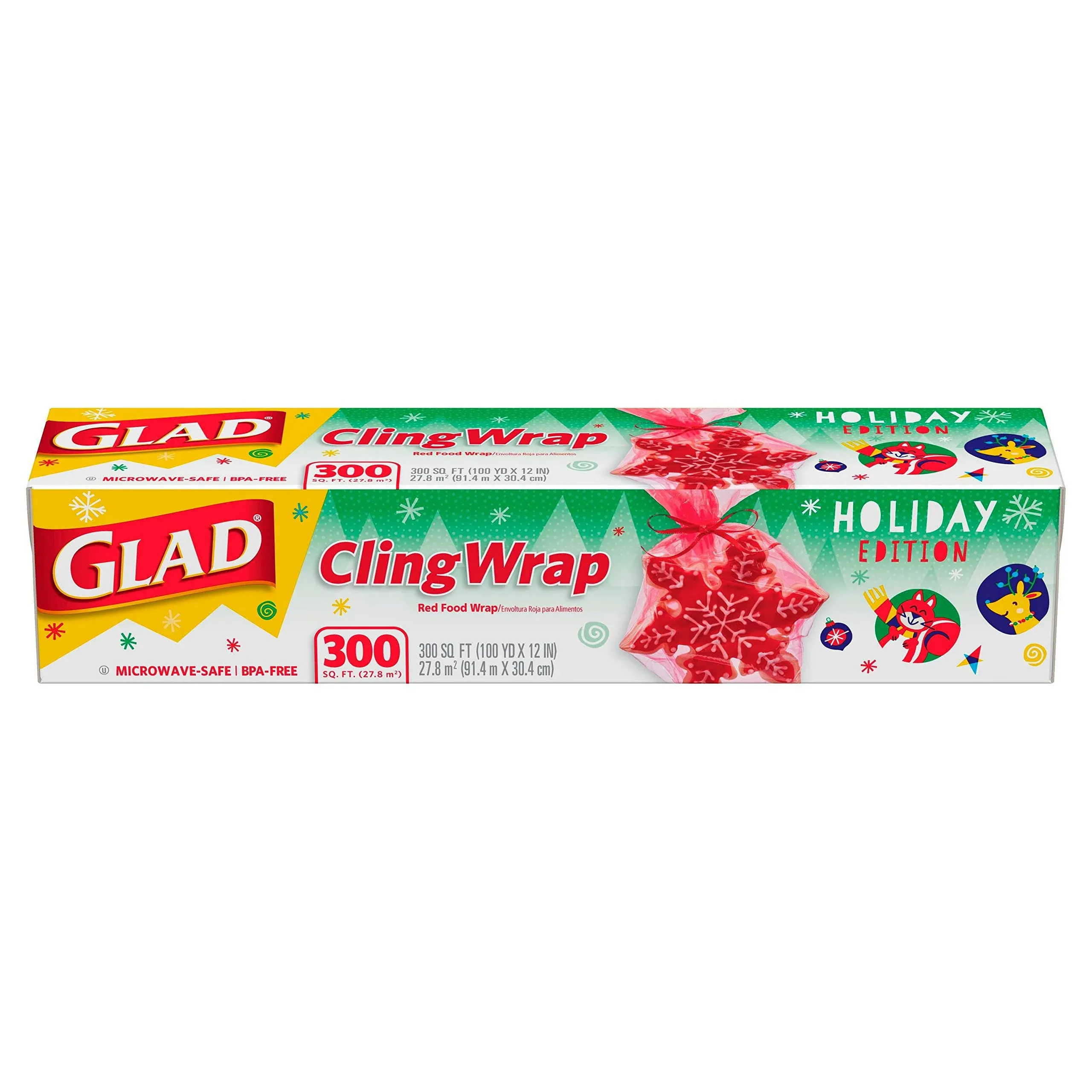 Glad Holiday Cling Wrap Plastic Wrap Roll, Red, 300 sq ft