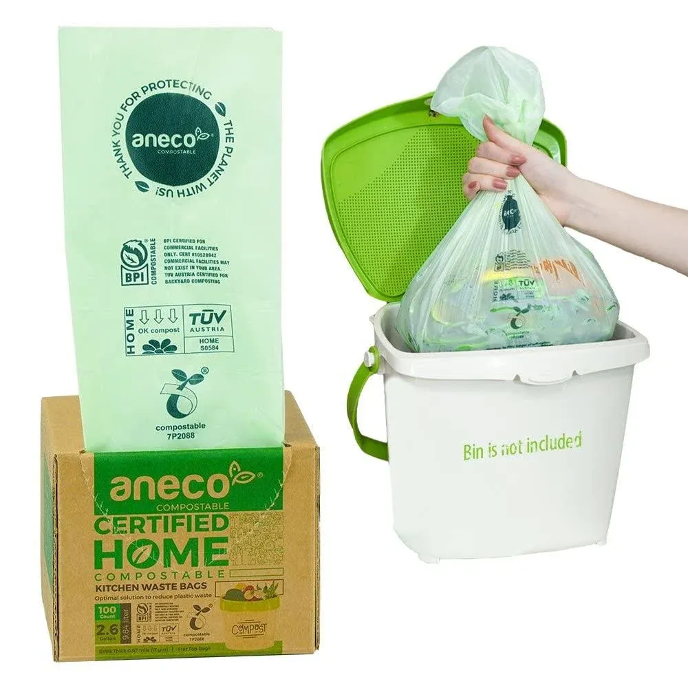 ANECO 100% Compostable Trash Bags 2.6 Gallon Extra Thick Kitchen100 Count