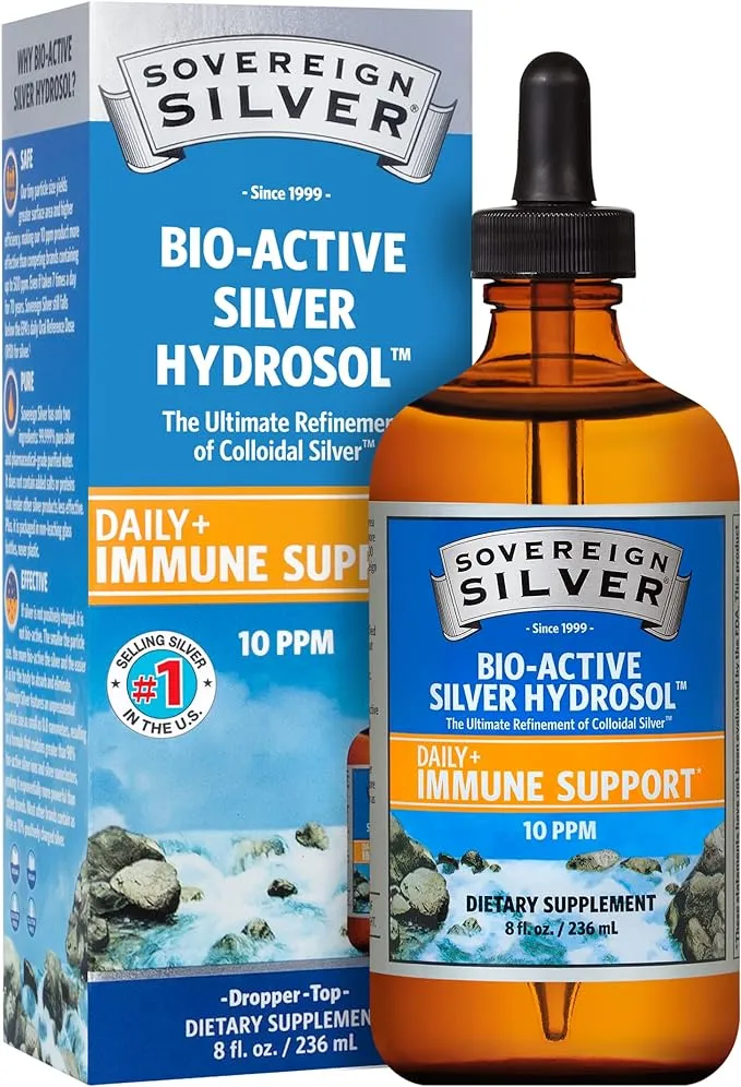 Sovereign Silver Bio-Active Silver Hydrosol for Immune Support - Colloidal Silver - 10 ppm, 8oz (236mL) - Dropper