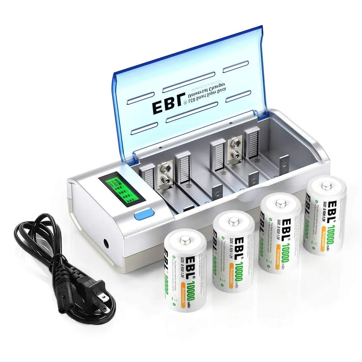 EBL D Cells 10000mAh Rechargeable Batteries (4 Counts) with C D 9V AA AAA Bat...