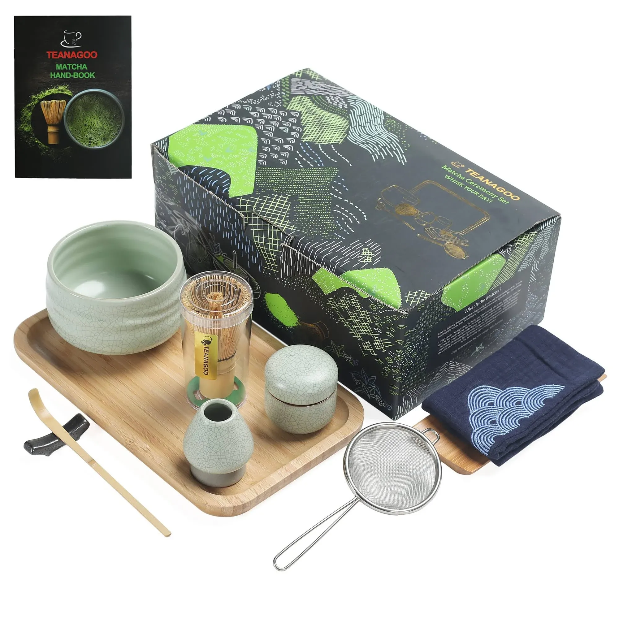 TEANAGOO Japanese Tea Set Matcha Whisk Set Matcha Bowl Bamboo Matcha Whisk (Chasen) Scoop (Chashaku) Matcha Whisk Holder Tea Making Kit. O6 Matcha Gre