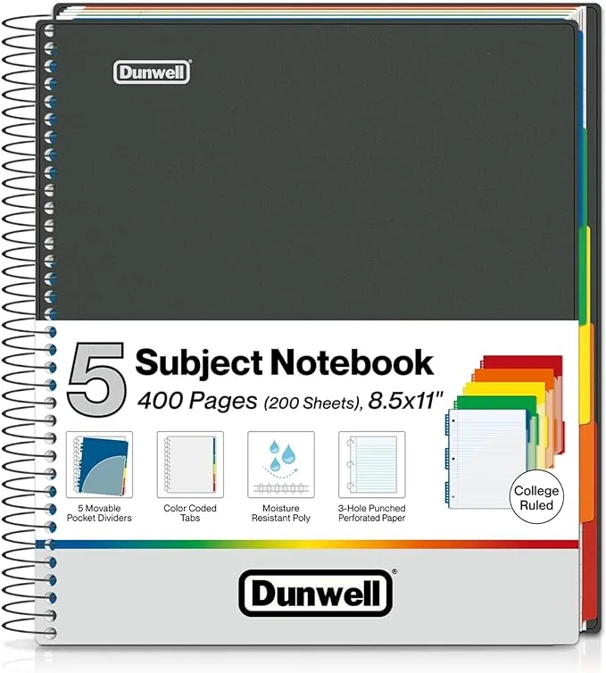 Dunwell 5-Subject Notebook College Ruled - 400 Pages (200 Sheets), Spiral Notebook 8.5 x 11 with Tabs, Dividers, Pockets, Dual Poly Covers, School Supplies Multi Subject Notebook