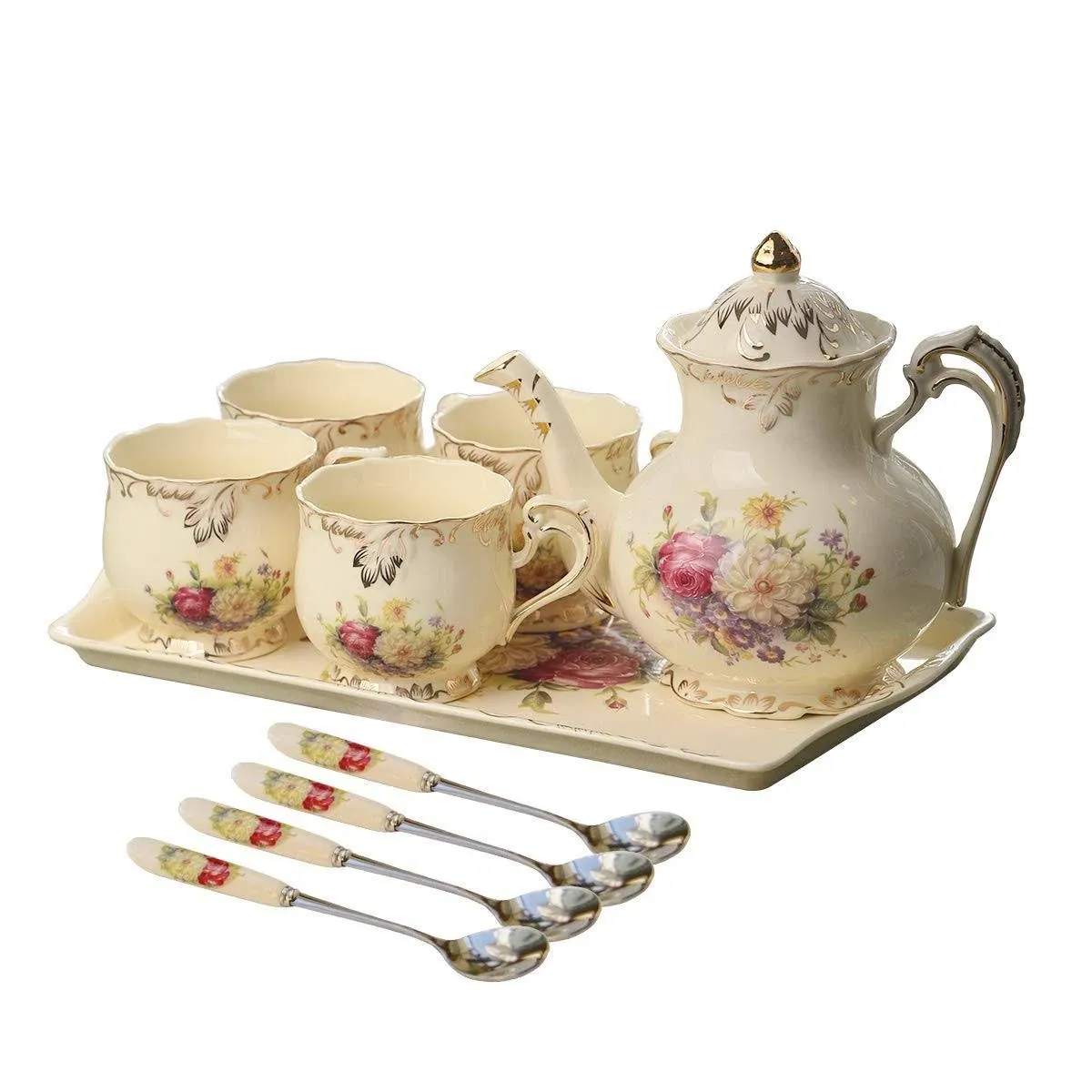 Flowering Shrubs Pattern Ivory Ceramic Tea Pot And Tea Cups With Tray,tea Party ...