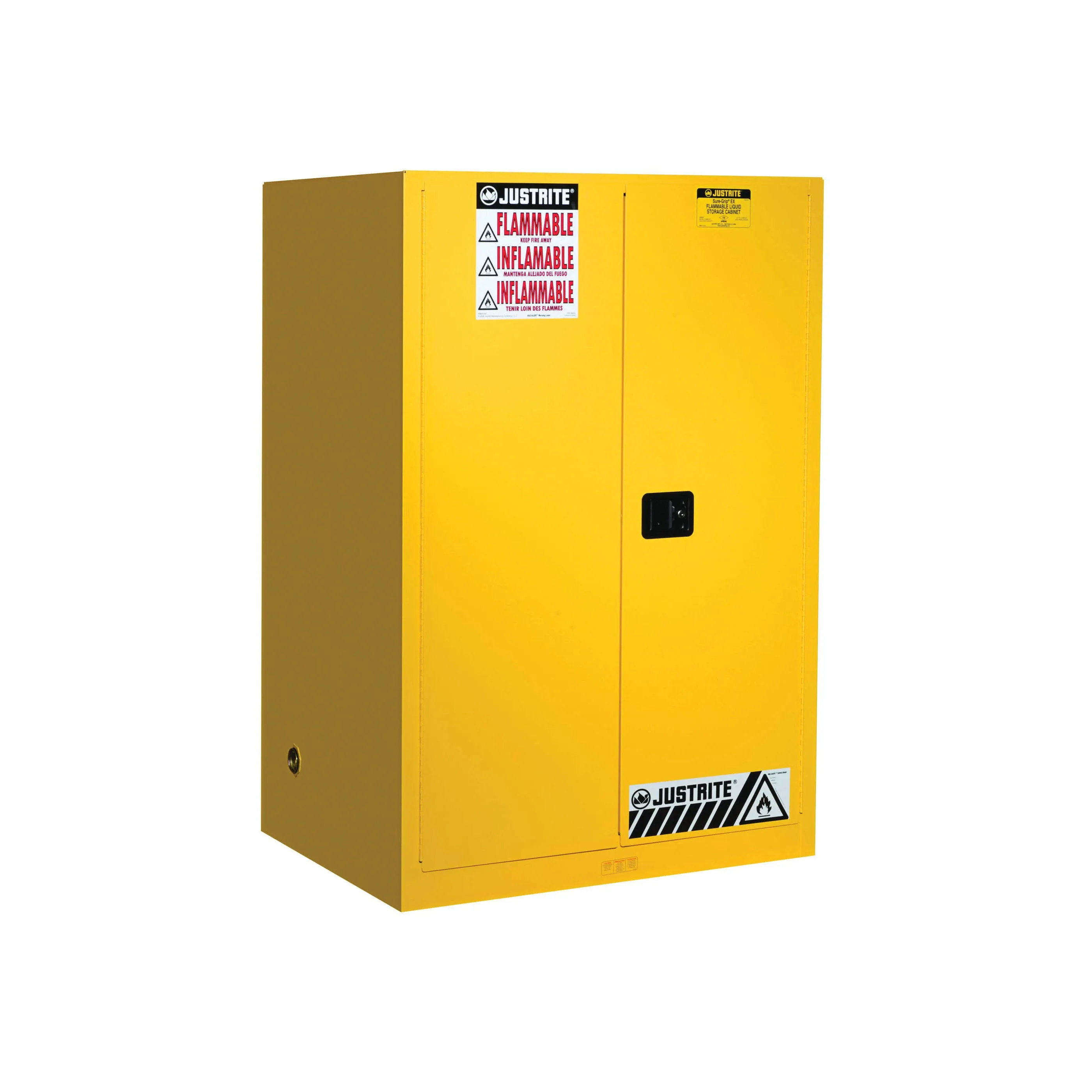 Justrite 90 Gallon Self Close Flammable Storage Cabinet, 18 Gauge Steel, 2 Shelves, 2 Door Fire Cabinet, 65" x 43" x 34", Made in The USA, Yellow, 899020