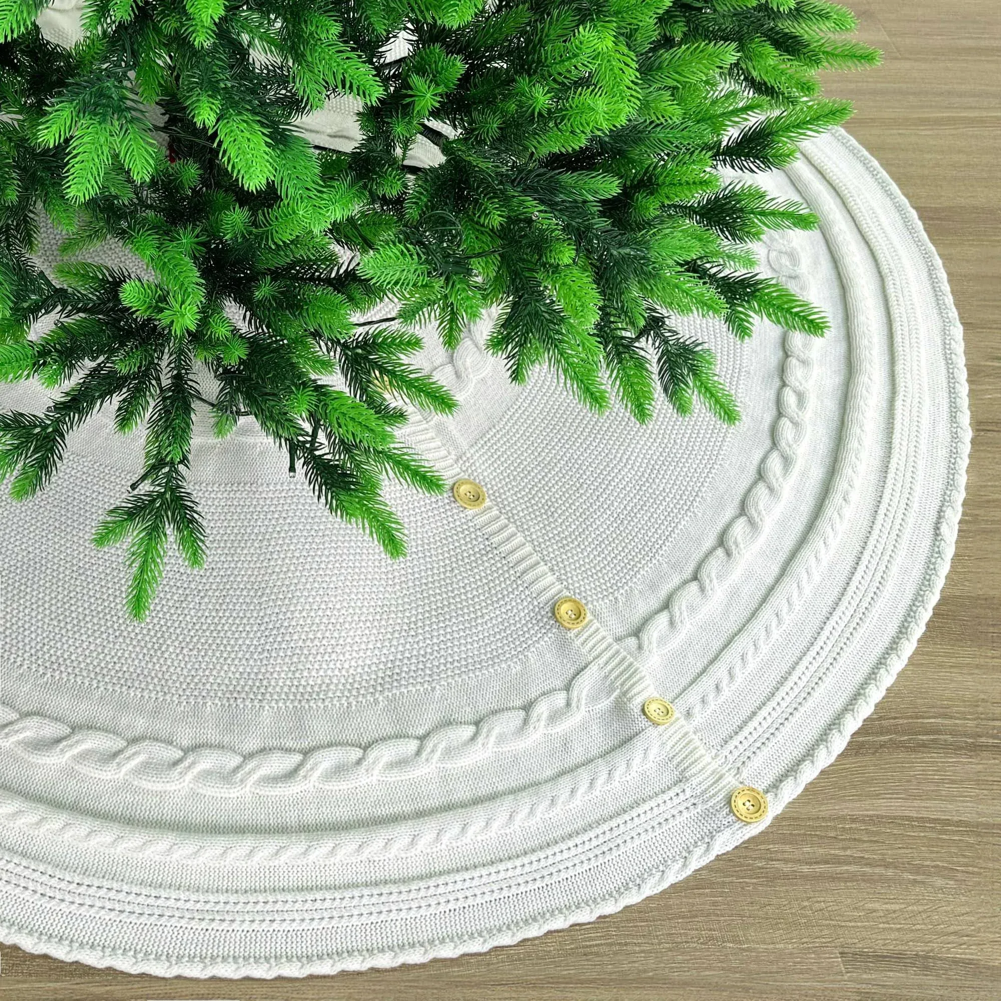 48-Inch Deluxe Cable Knit Christmas Tree Skirt with Oak Buttons, Cream White 