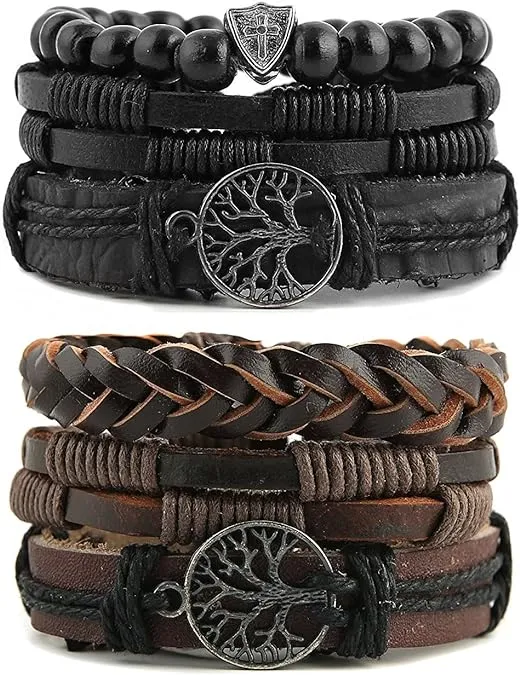 HZMAN Genuine Leather Tree of life Bracelets Men Women, Tiger Eye Natural Stone Lava Rock Beads Ethnic Tribal Elastic Bracelets Wristbands