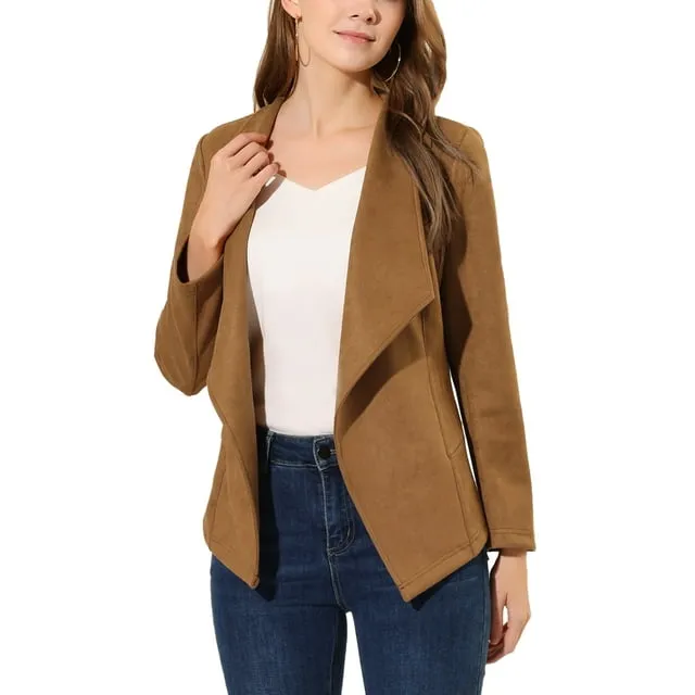 Unique Bargains Women's Faux Suede Jacket Open Front Lapel Draped Cardigan Blazers S Brown