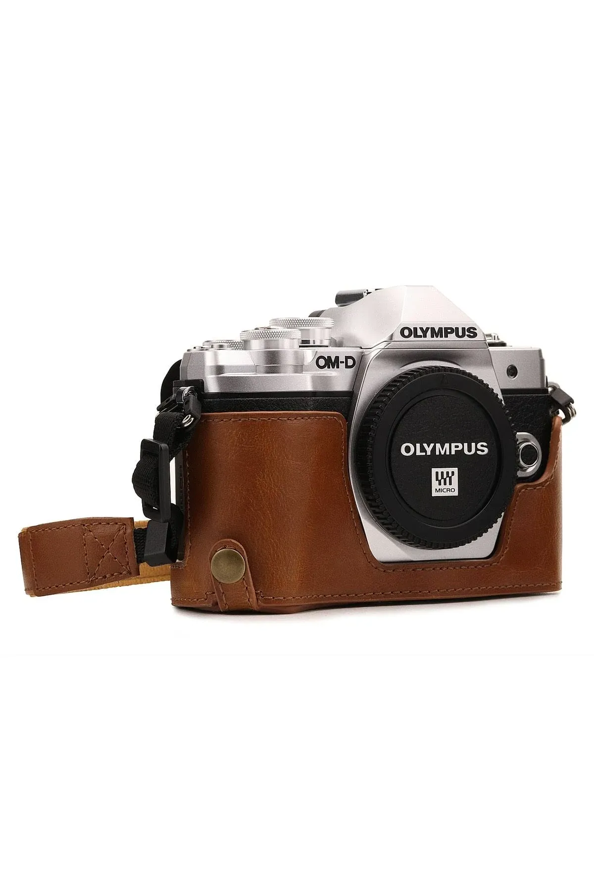 MegaGear MG1352 Olympus OM-D E-M10 Mark III Ever Ready Leather Camera Half Case and Strap with Battery Access Light Brown