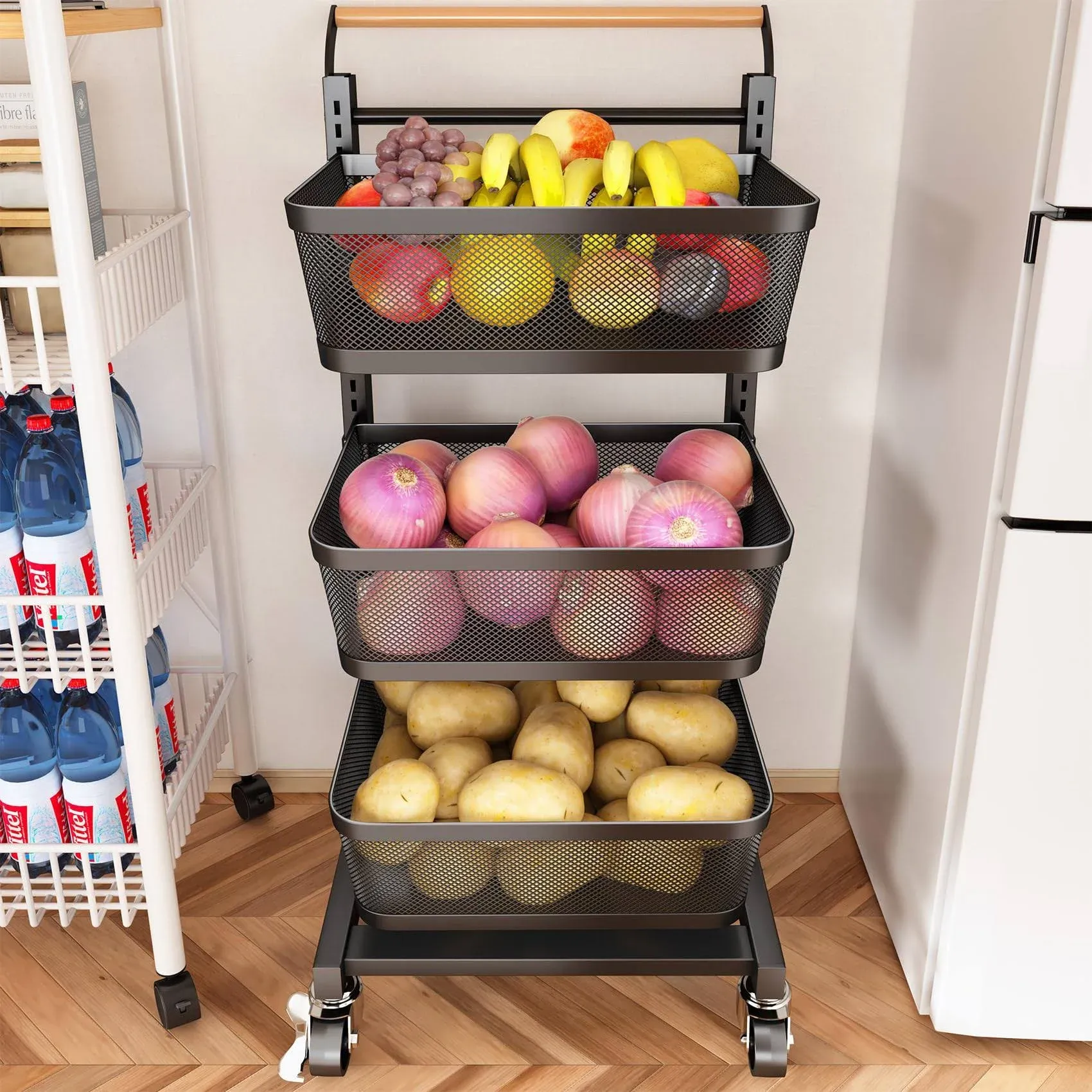 SNTD Fruit Basket, Large Wire Basket Utility Cart with Wheels and Handle for Kitchen and Pantry Organization, 3 Tier Black, HX-HLSCJ-3W-B02