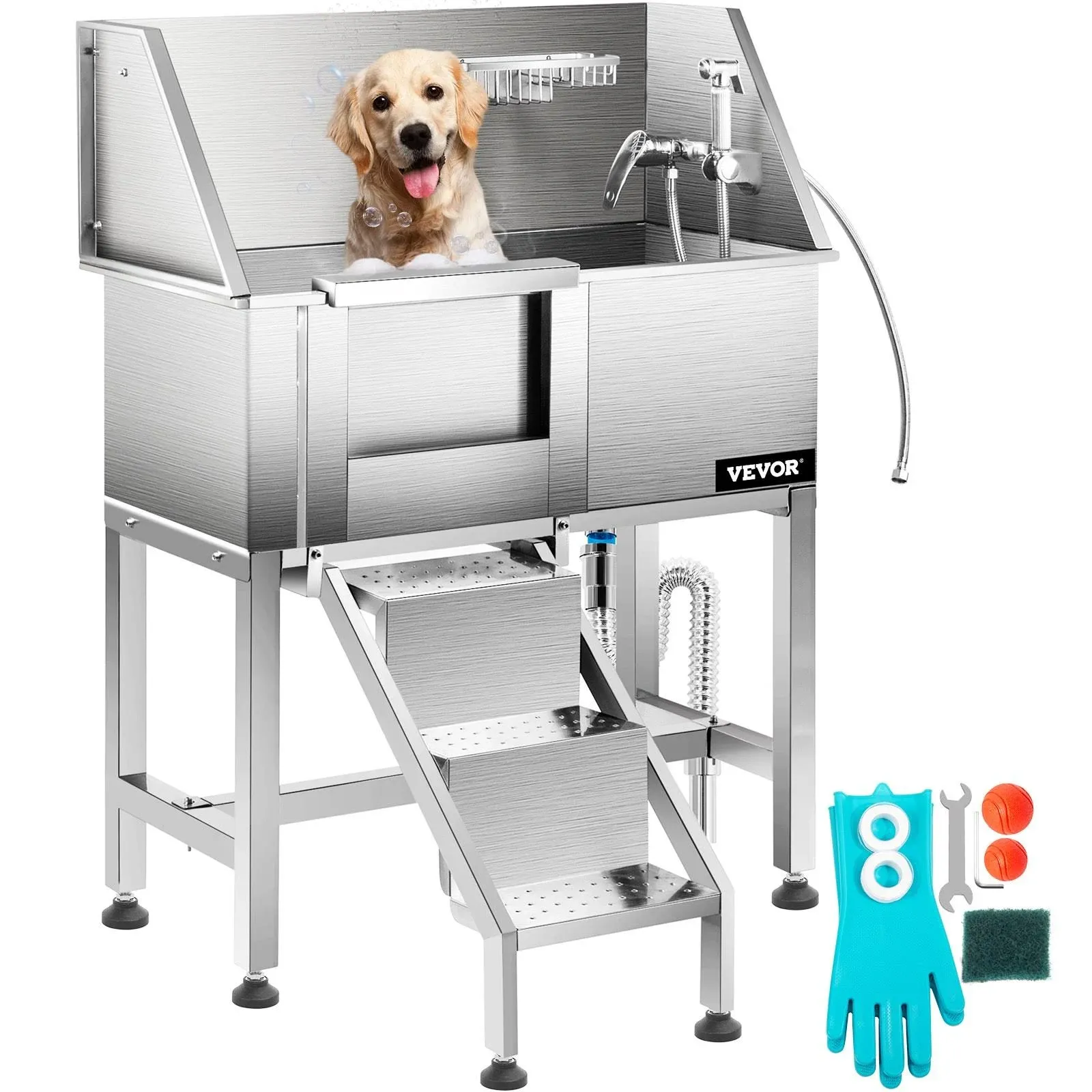 VEVOR 34 inch Pet Grooming Tub, Stainless Steel Dog Wash Station Pet Station Dog Station Grooming Tub for Dogs