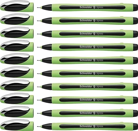 Rediform Schneider Xpress Premium Fineliner Pens, Fine Point, 0.8 mm, Black/Green Barrel, Black Ink, Pack Of 10 Pens