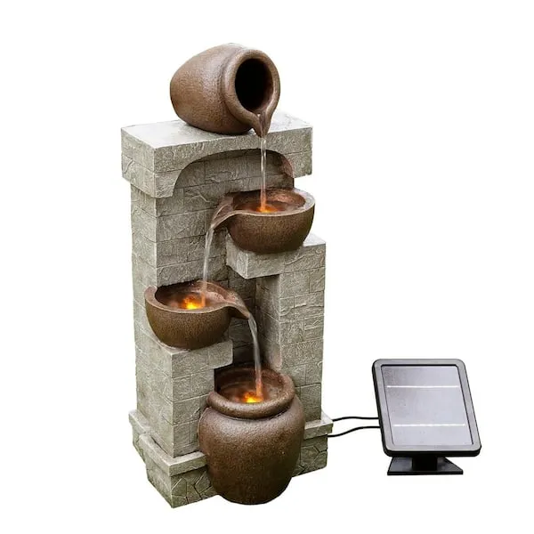 Teamson Home Solar Powered Outdoor Garden 4-Tier Bowl Waterfall Water Floor Fountain with LEDs, Gray