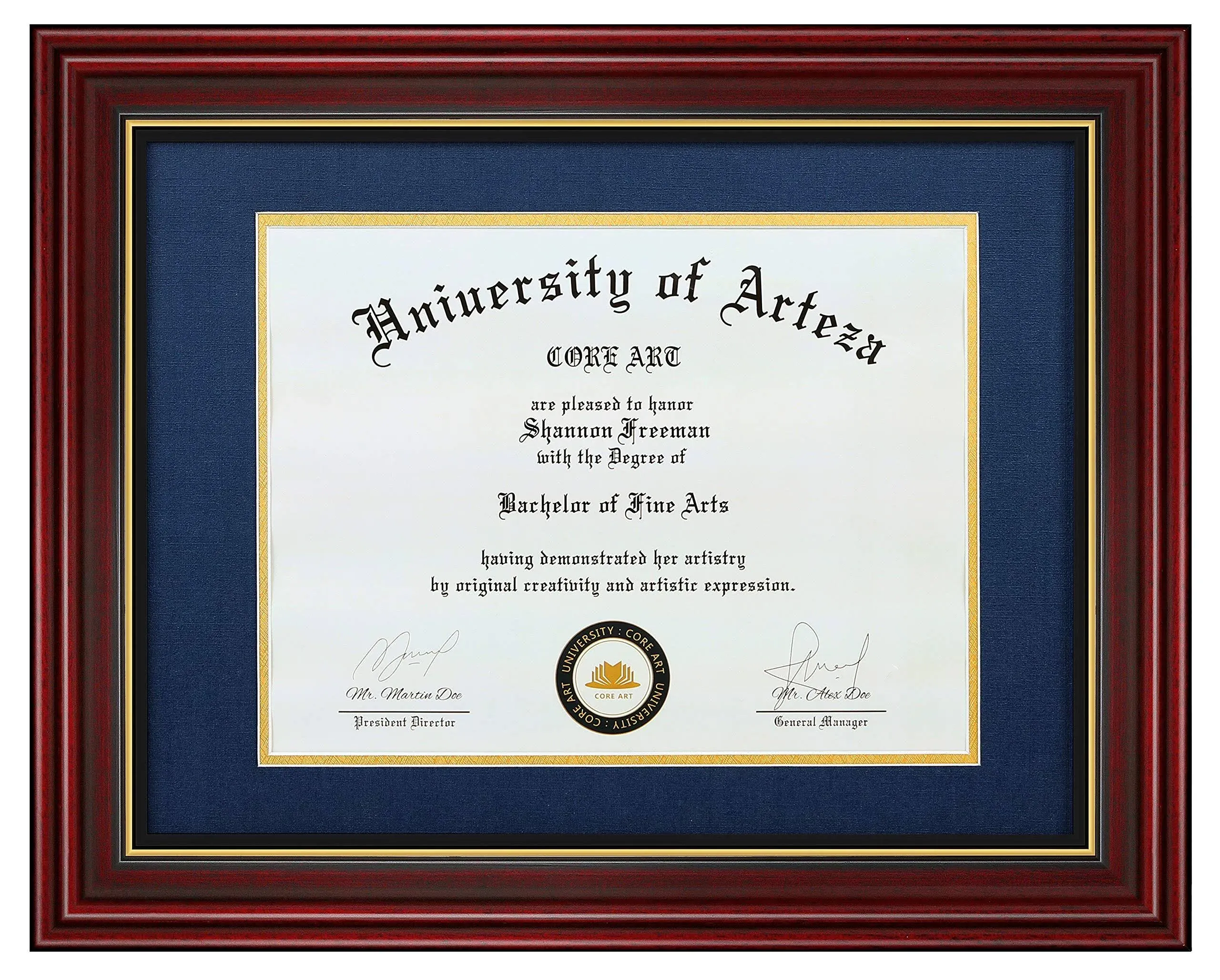 Core Art 11x14 Diploma Frame Display Certificates 8.5 x 11 with Navy Mat or Documents 11 x 14 Without Mat, College Degree Wooden Frame with Tempered