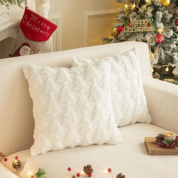 Christmas Tree Decorative Throw Pillow Covers Set of 2 Packs, Soft Fluffy Pillowcases for Home Décor, Boho Pillow Covers for Couch Bedroom(White-Tree, 18"x18")