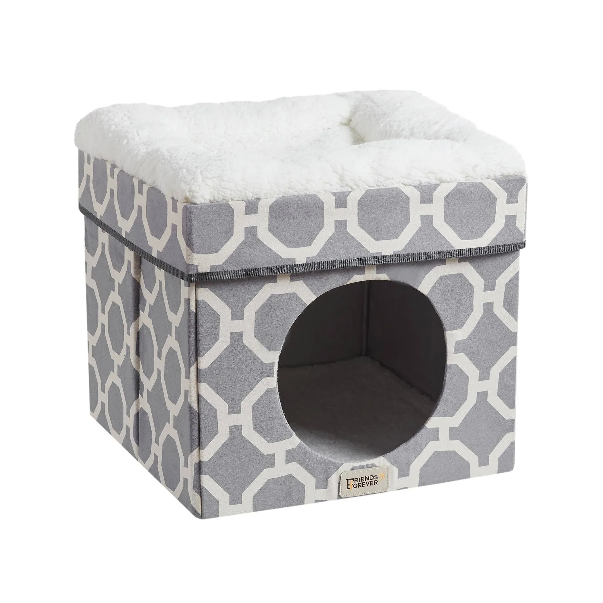 Friends Forever Taylor Upholstered Indoor Cat Bed, Collapsible Pet Cube Home, Kitten House With Sherpa Padding, Non Skid Base, Travel Friendly Foldable Ottoman Condo, Pop Up Tent Cave - Grey / Ivory