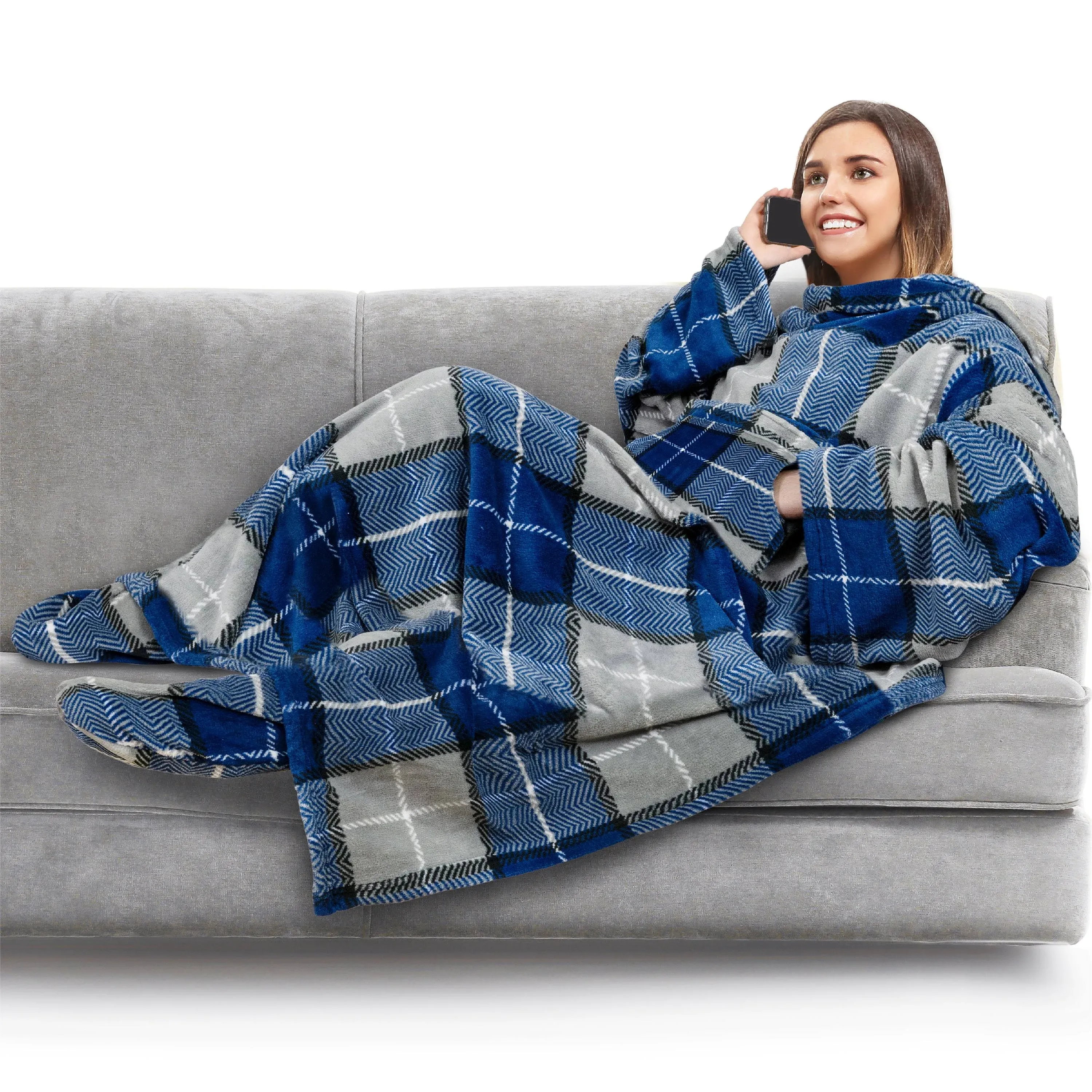 PAVILIA Wearable Blanket with Sleeves and Foot Pockets, Fleece Warm Snuggle ...