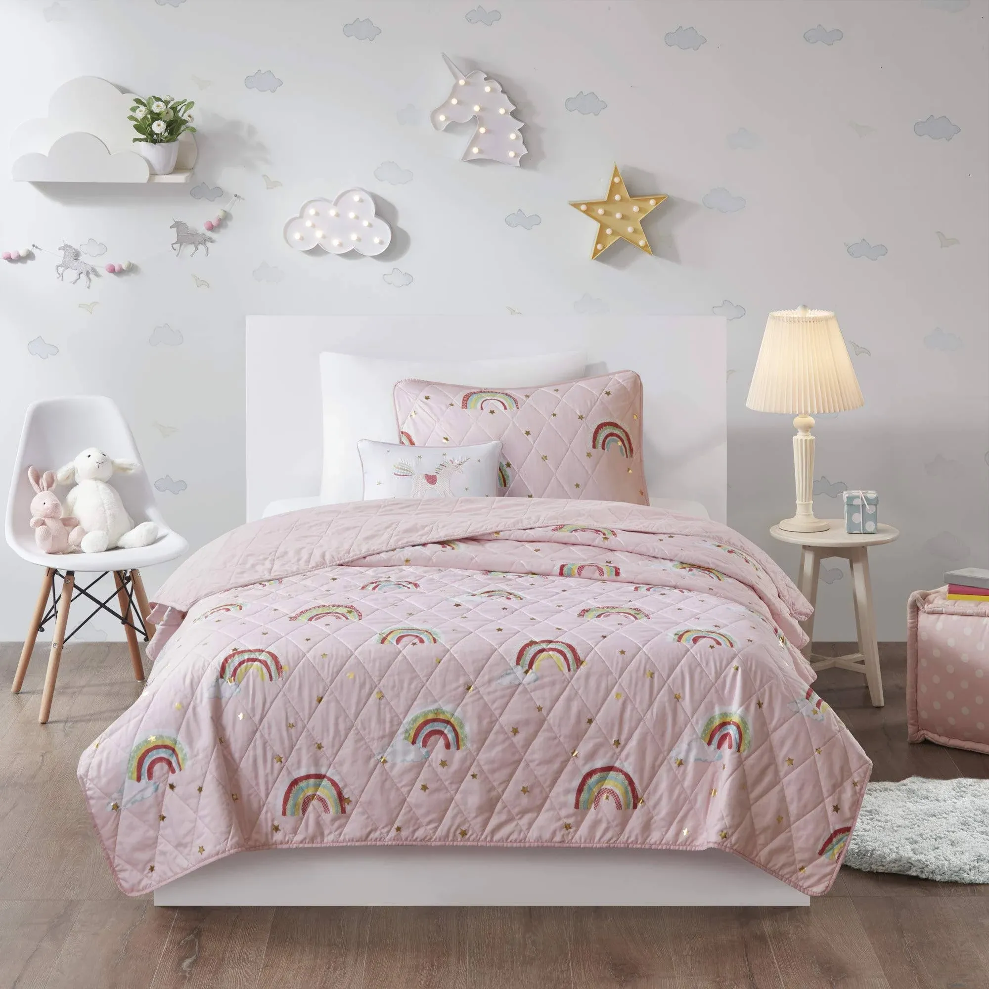 GIRLS UNICORN RAINBOW 4p Full Queen QUILT : ALICIA PINK METALLIC CLOUDS COVERLET