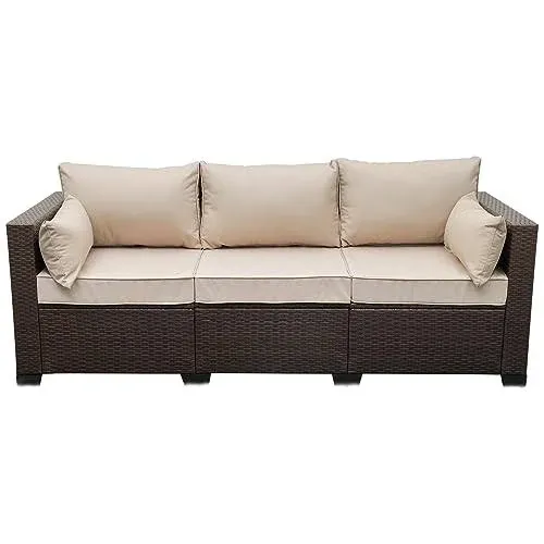 Waroom Patio Couch PE Wicker 3-Seat Outdoor Brown Rattan Sofa Deep Seating Furniture with Non-Slip Beige Cushion