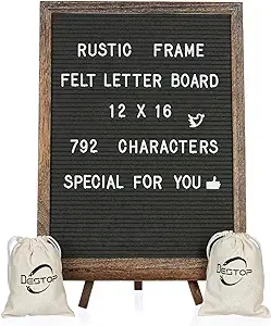 Felt Letter Board with Rustic Vintage Frame and Stand 12x16 inch, Dark Grey C...