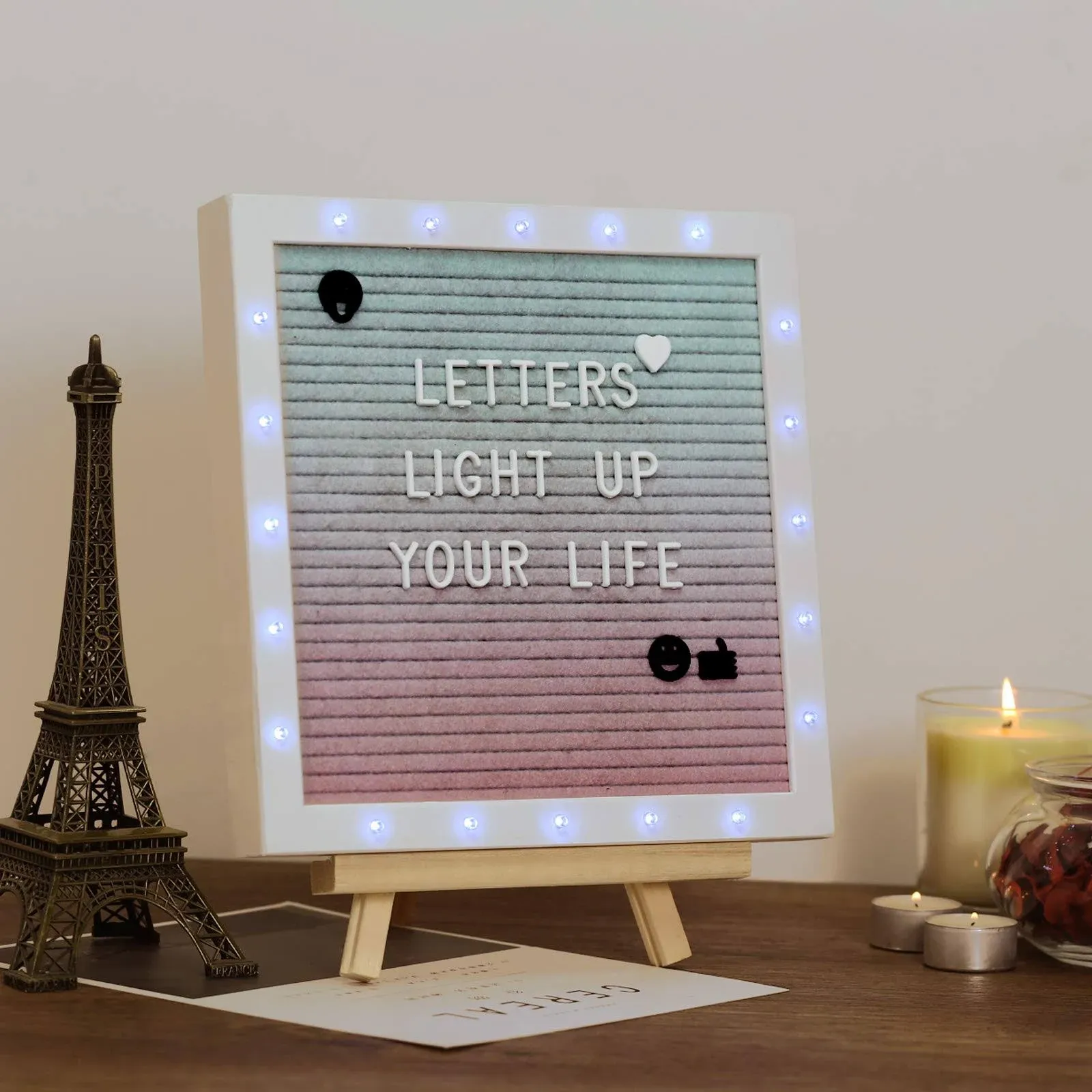 Gradient Felt Letter Board with LED Lights- 10 × 10 Inch Felt Changeable Mess...