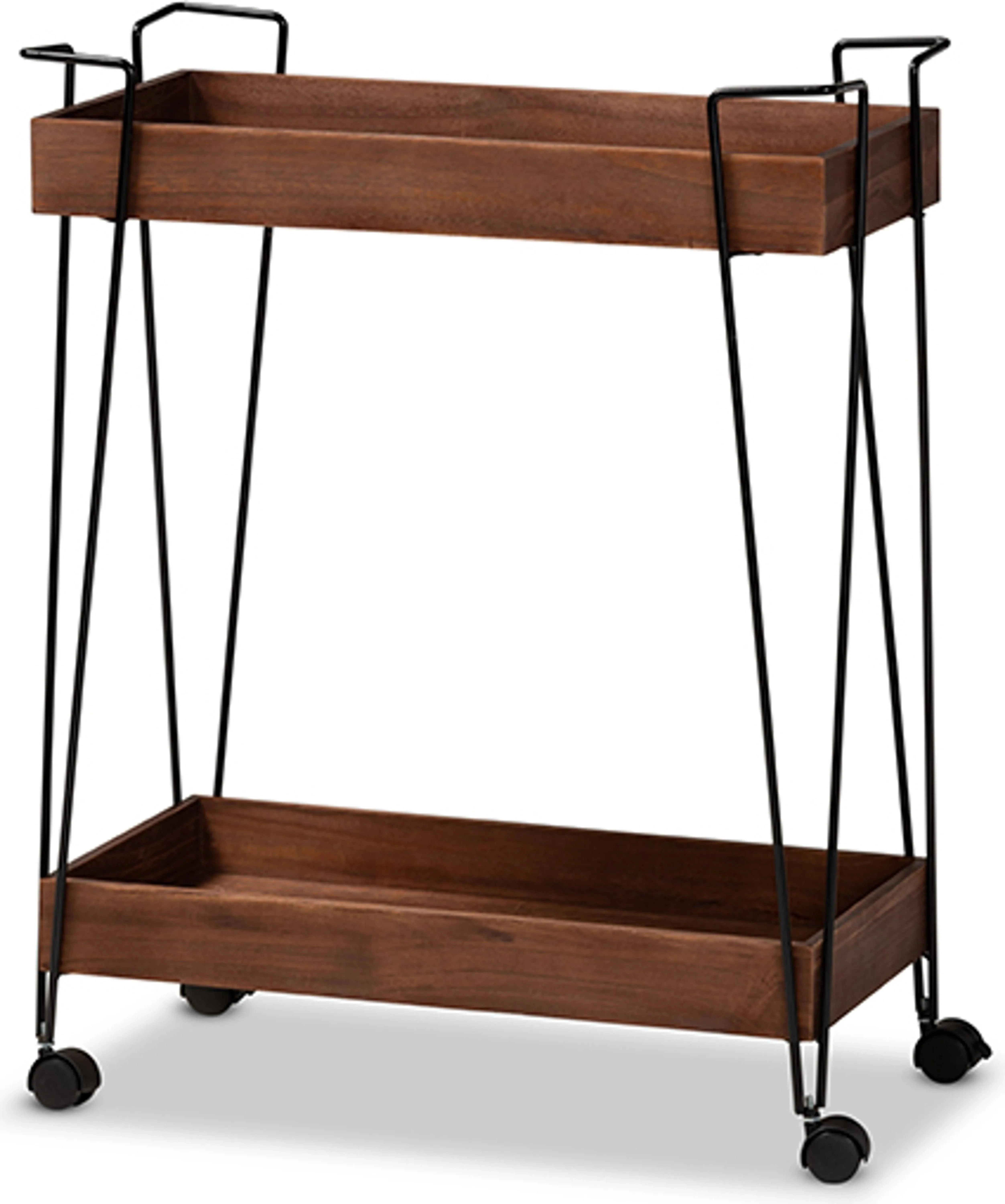 Baxton Studio Reynard Modern and Industrial Walnut Brown Finished Wood and Black Metal 2-Tier Wine Cart