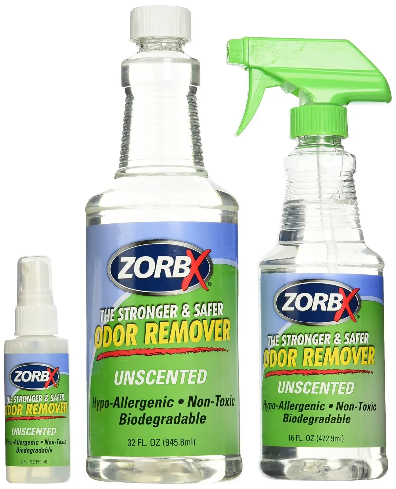 ZORBX Unscented Multipurpose Odor Eliminator Value Pack - Used in Hospitals & Healthcare Facilities | Advanced Trusted Formula | Perfect Bundle to Get Rid of Unpleasant Odors (2 Oz + 16 Oz + 32 Oz)