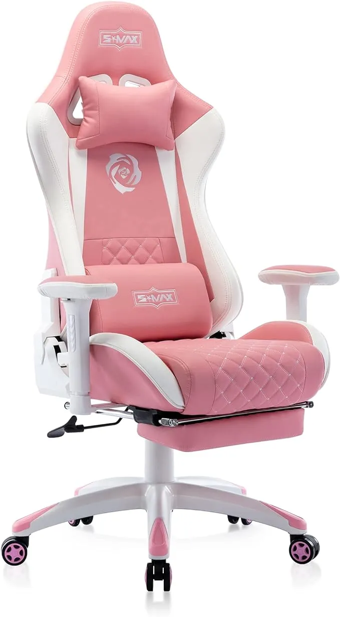 S*MAX Pink Gaming Chair with Footrest Thicken Seat Ergonomic Computer Gamer Chair ...