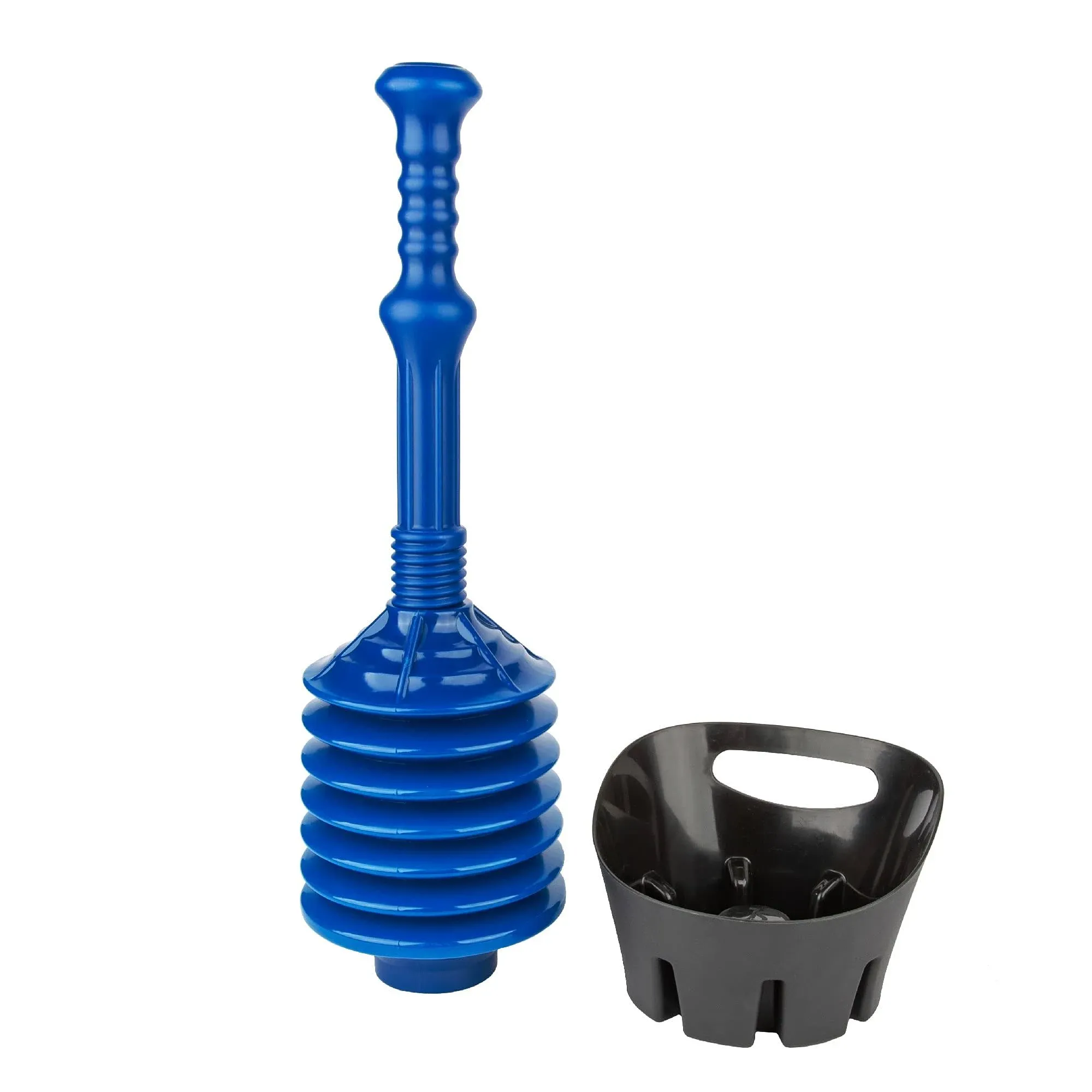 JS Jackson Supplies Blue Bellows Accordion Toilet Plunger with Black Storage Tray