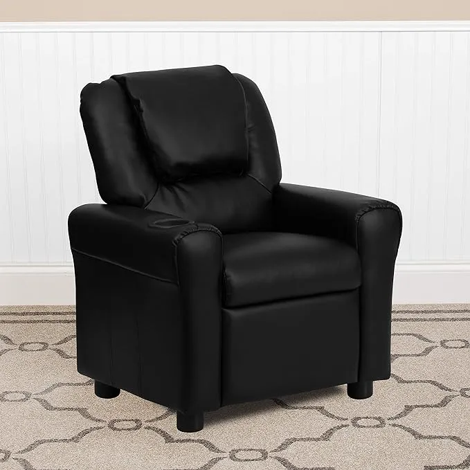 EMMA + OLIVER Black LeatherSoft Kids Recliner with Cup Holder and Headrest