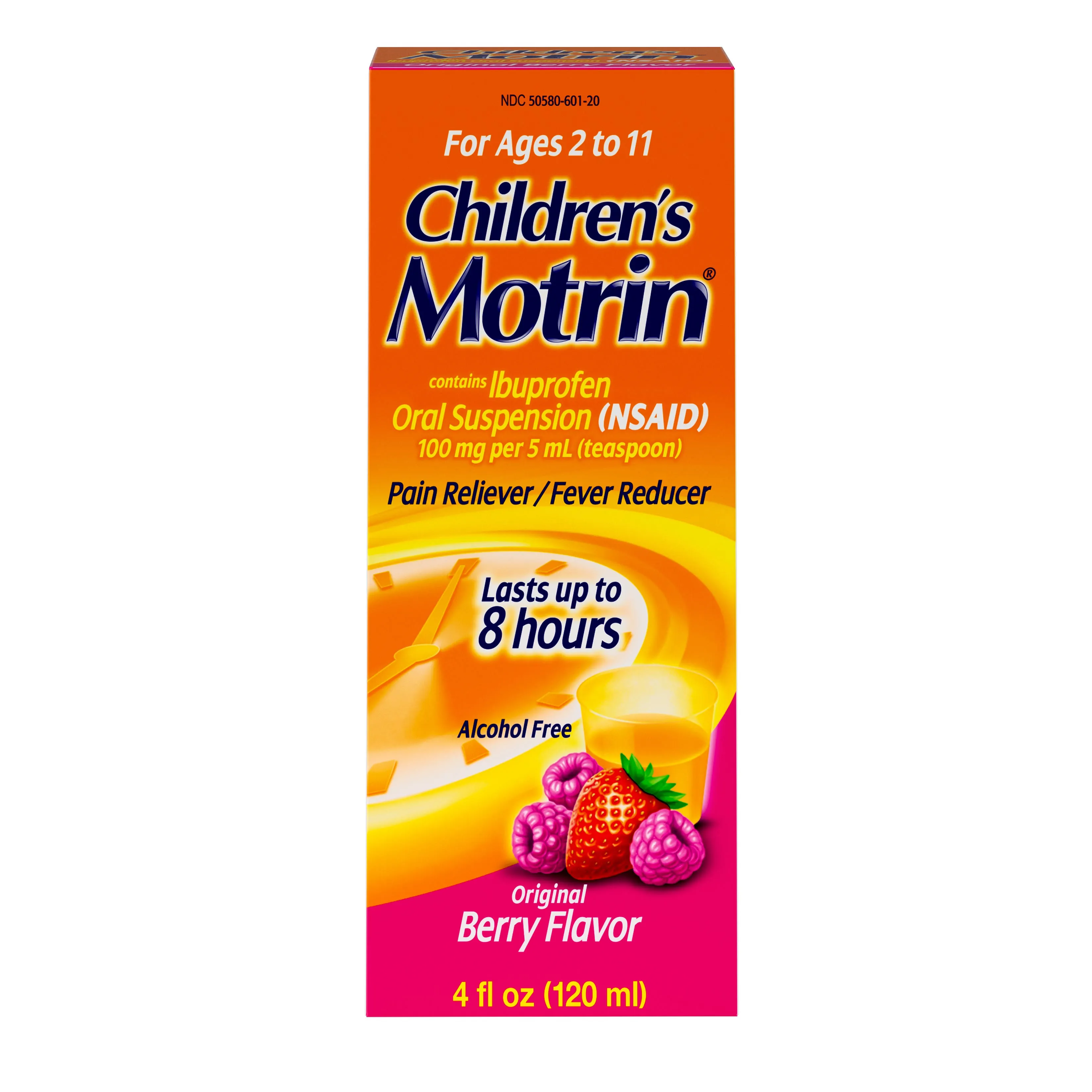 Motrin Children's Oral Suspension 100mg Ibuprofen Medicine, NSAID Fever Reducer & Pain Reliever for Minor Aches & Pains Due to Cold & Flu, Dye Free, Alcohol-Free, Berry Flavored, 8 fl. oz