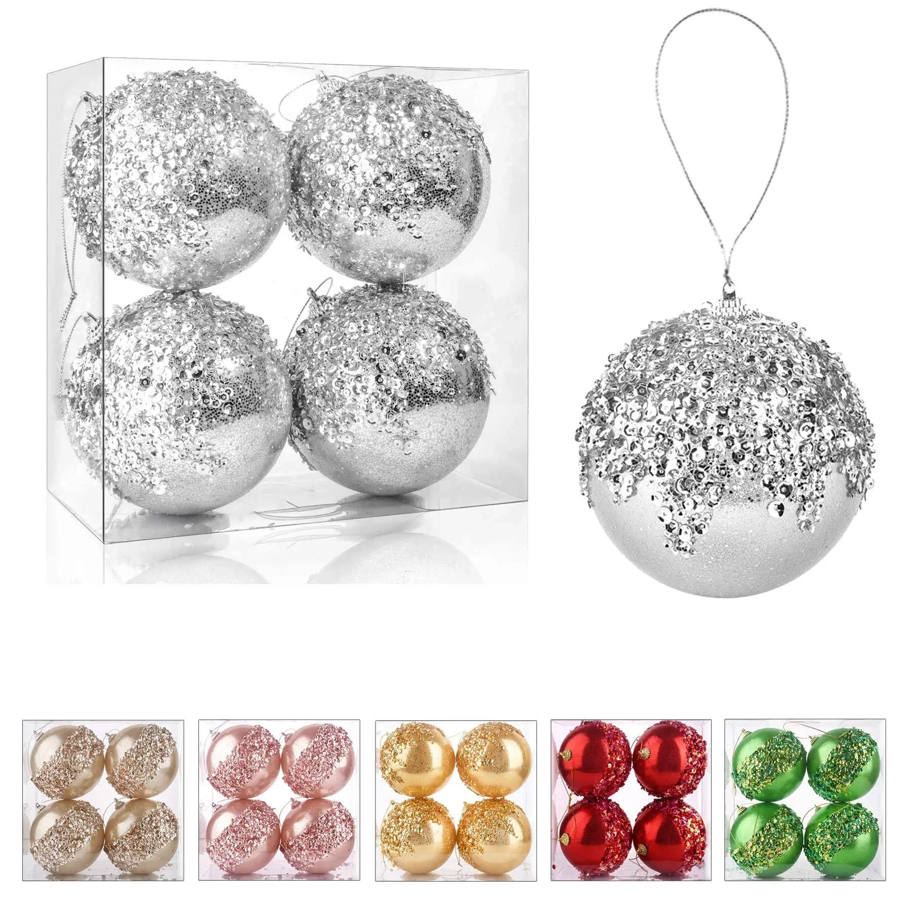 4&#034; Christmas Ball Ornaments, 4pc Set Silver Shatterproof Christmas Decorations 