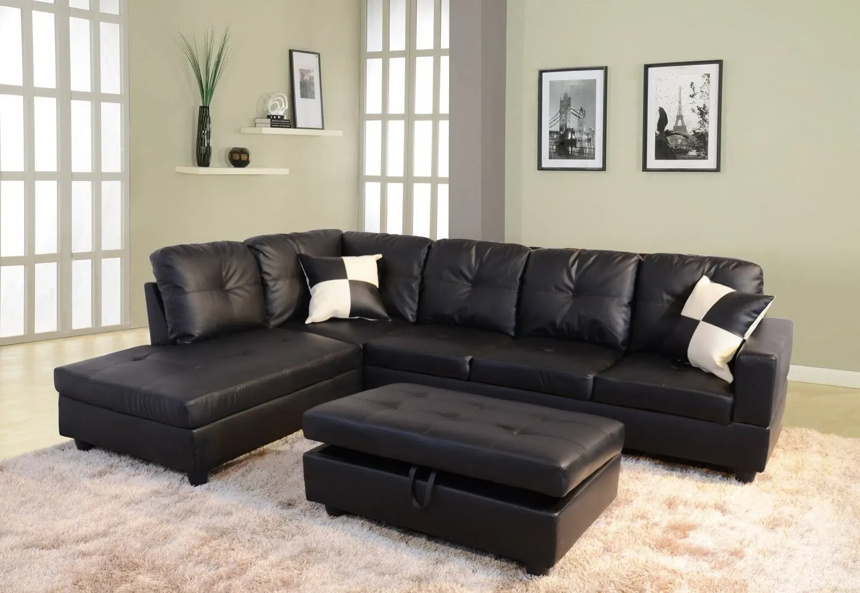 Life Style Furniture Left Facing Russes Sectional Sofa Set With Ottoman, Black