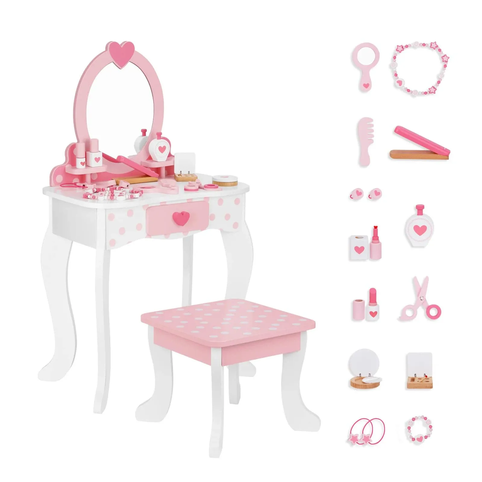 OOOK Kids Vanity Set,Table & Chair Vanity Set with Mirrorincludes 15 Pcs Multiple Make Up Accessories, Makeup Dressing Table with Storage Drawer, Pink