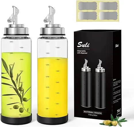 Suli Glass Olive Oil Dispenser Bottle -2 Pack17oz Oil and Vinegar Cruet Set with Steel Spouts and Labels for Kitchen Cooking, Salad Dressing, and BBQ (Golden)