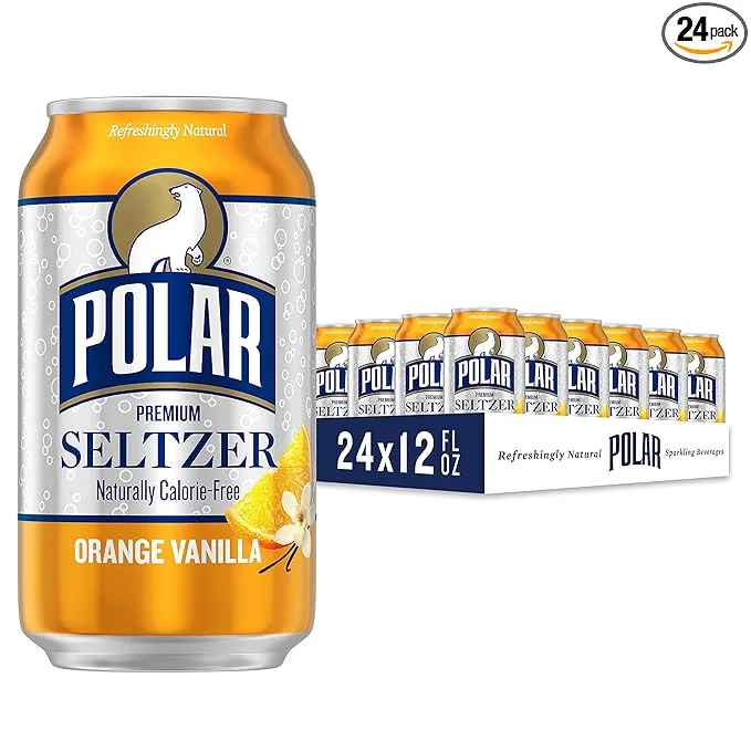 Polar Seltzer Water Orange Vanilla, 12 fl oz cans, 24 pack