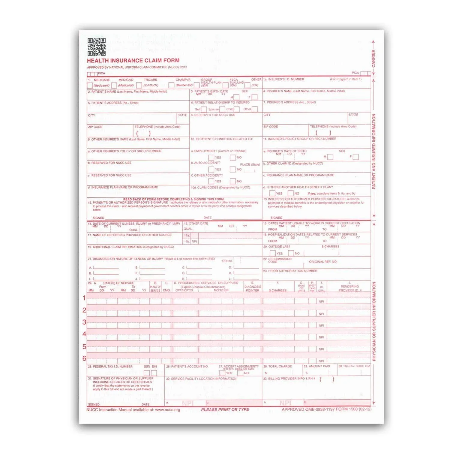 New Cms 1500 Claim Forms - Hcfa (Version 02/12) 100 per Ream