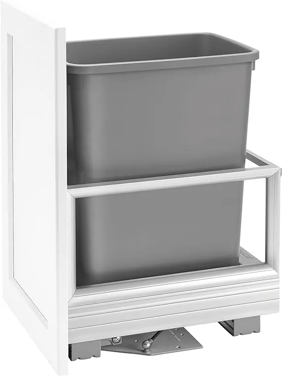 Rev-A-Shelf 35-Qt Pull-Out Trash Can for Base Kitchen Cabinets, Storage Garbage Bin on a Wire Basket with Soft Close, Single, Gray, 5149-15DM18-117