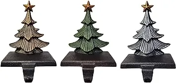 Lulu Decor, Cast Iron Christmas Tree Stocking Holders, Sold in Set of 3 Trees in Metallic Gold, Silver and Green Finish, Beautiful, Heavy, Sturdy Stocking Hooks (Color Trees)