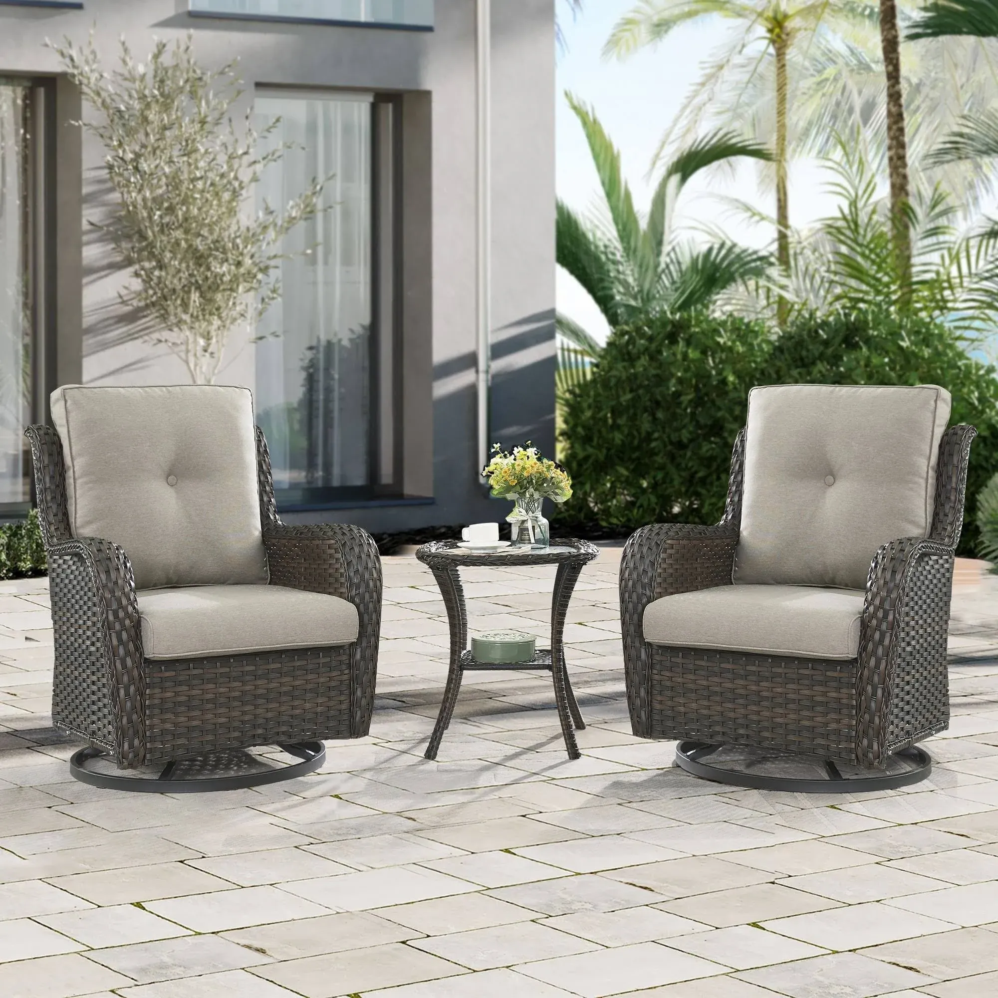 3 Piece Outdoor Wicker Swivel Rocker with Cushion & Table - Brown/Grey