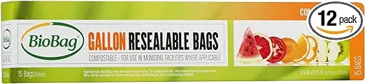 BioBag Resealable Compostable Food Storage Bags, Gallon, 180 Count