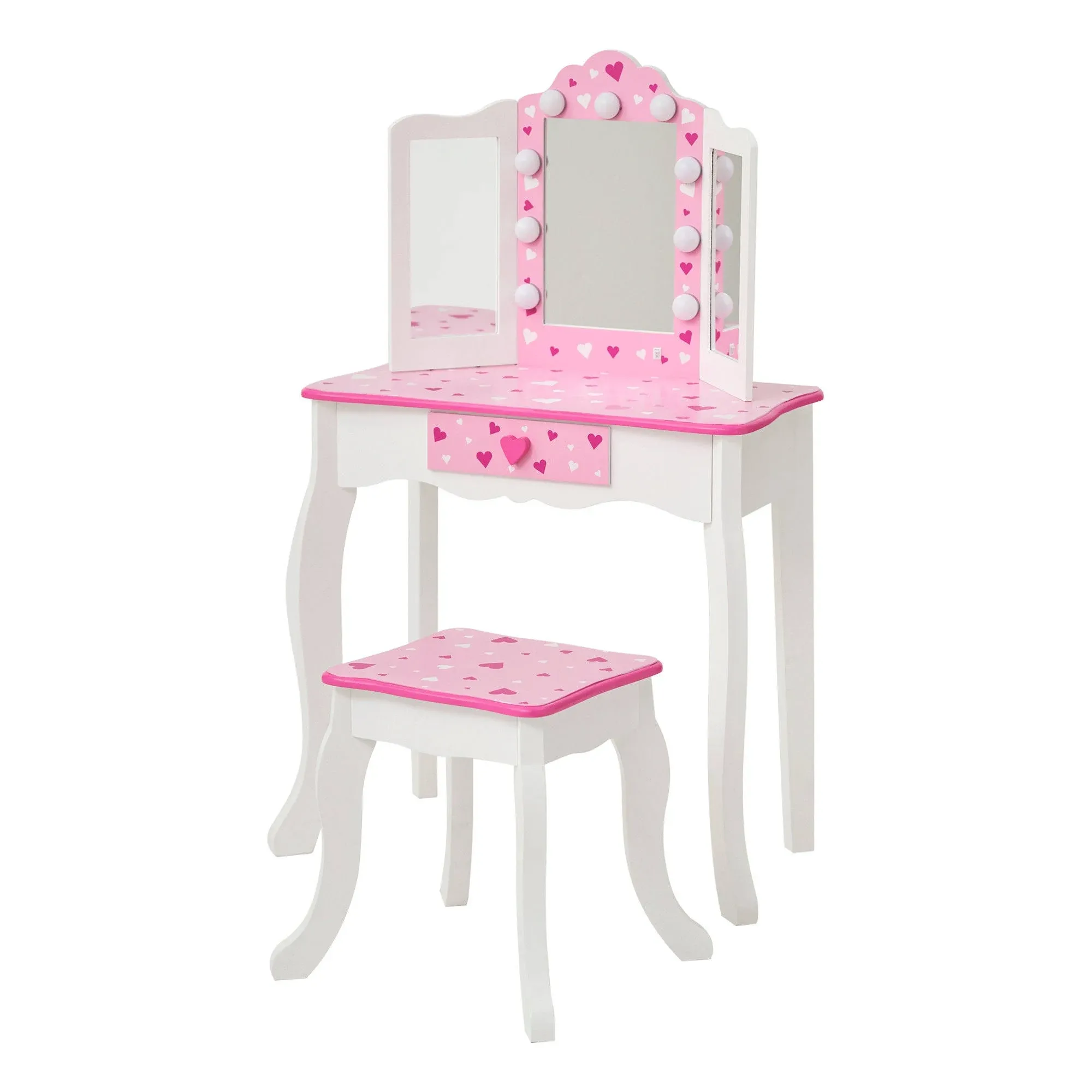 Teamson Kids Play Vanity with LED Tri-Fold Mirror & Stool