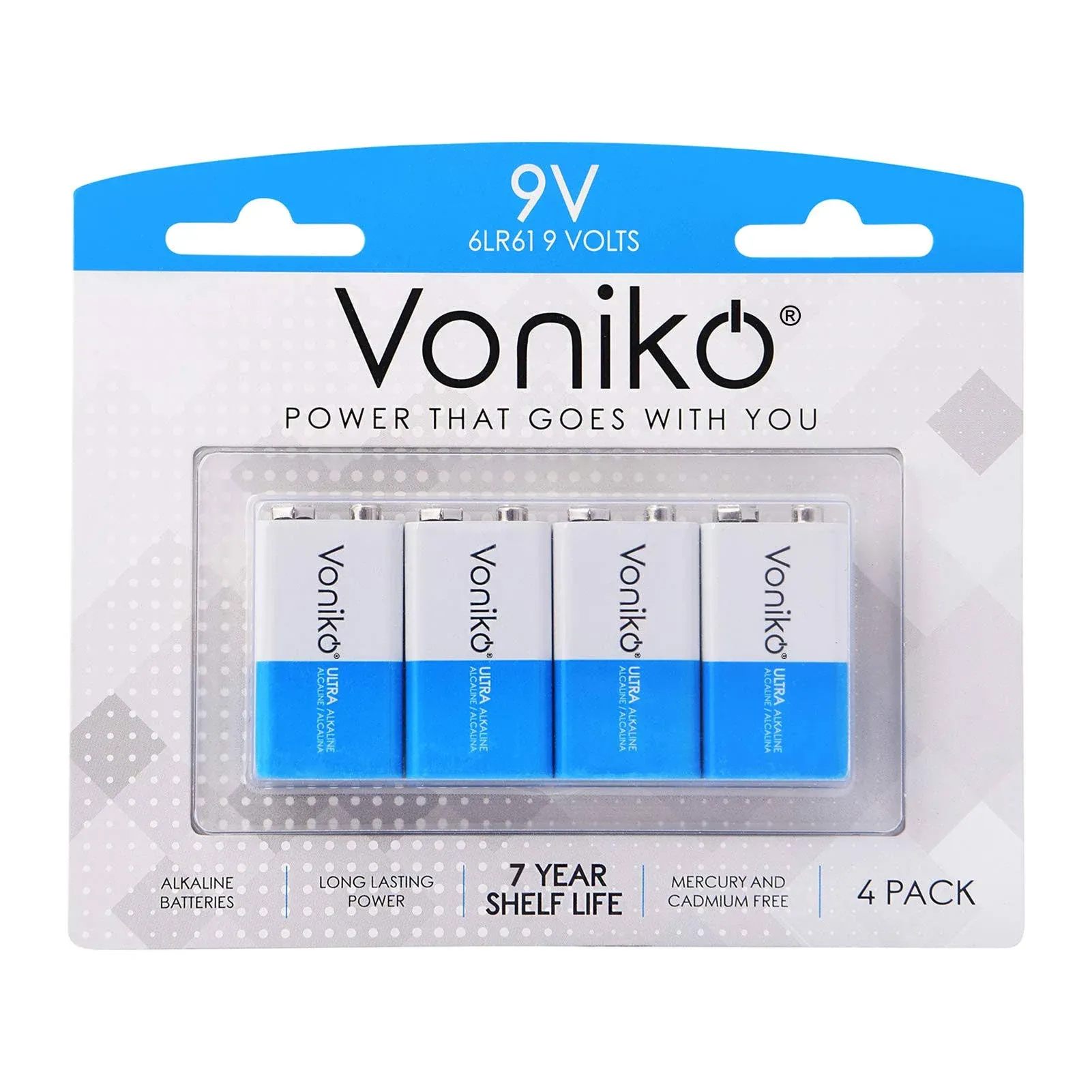 Voniko 9V Batteries - Alkaline 9V Battery 4 Pack - Ultra Long Lasting with A 7 - Year Shelf Life