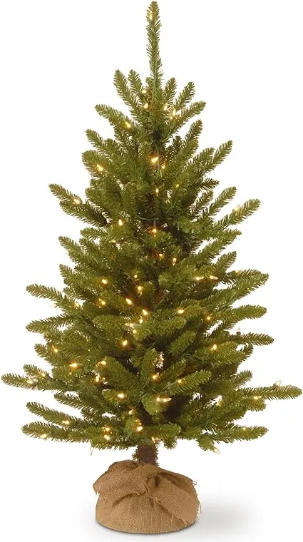 National Tree Company Pre-lit Artificial Mini Christmas Tree | Includes Small Lights and Cloth Bag Base | Kensington Burlap - 4 ft