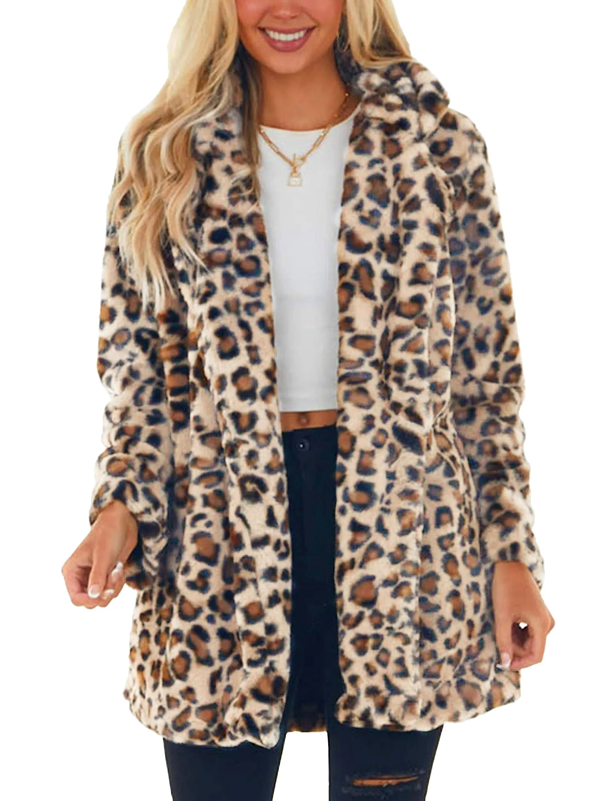 Omoone Women&#039;s Faux Fur Jackets Autumn Winter Leopard Coats Loose Fur Coat with 