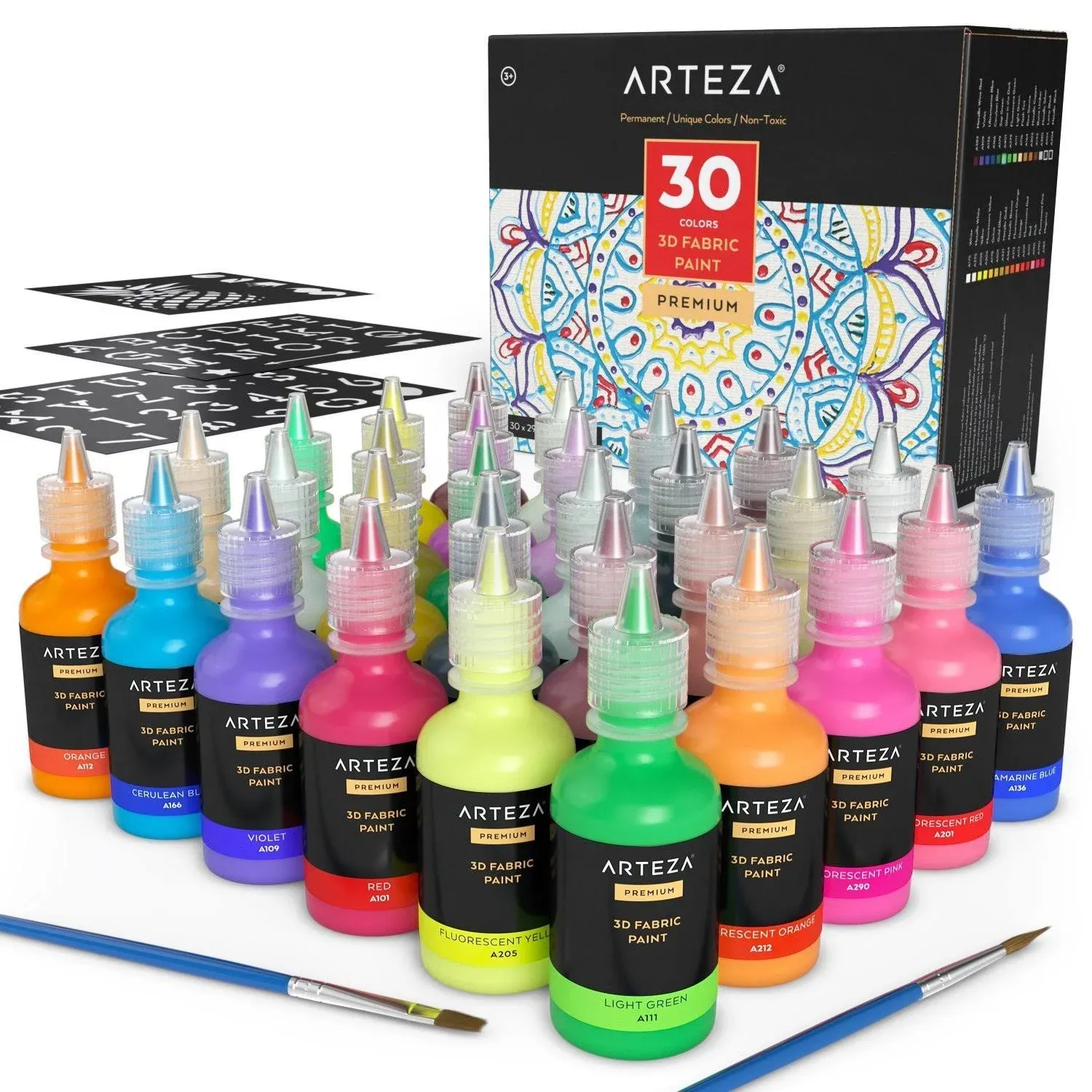 Arteza 3D Permanent Fabric Paint, Set of 30 Individual Colors