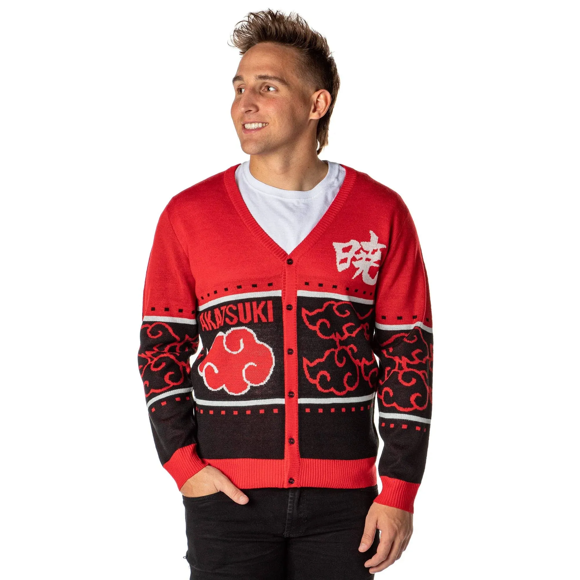 Naruto Shippuden Men's Akatsuki Red Cloud Ugly Christmas Sweater Cardigan