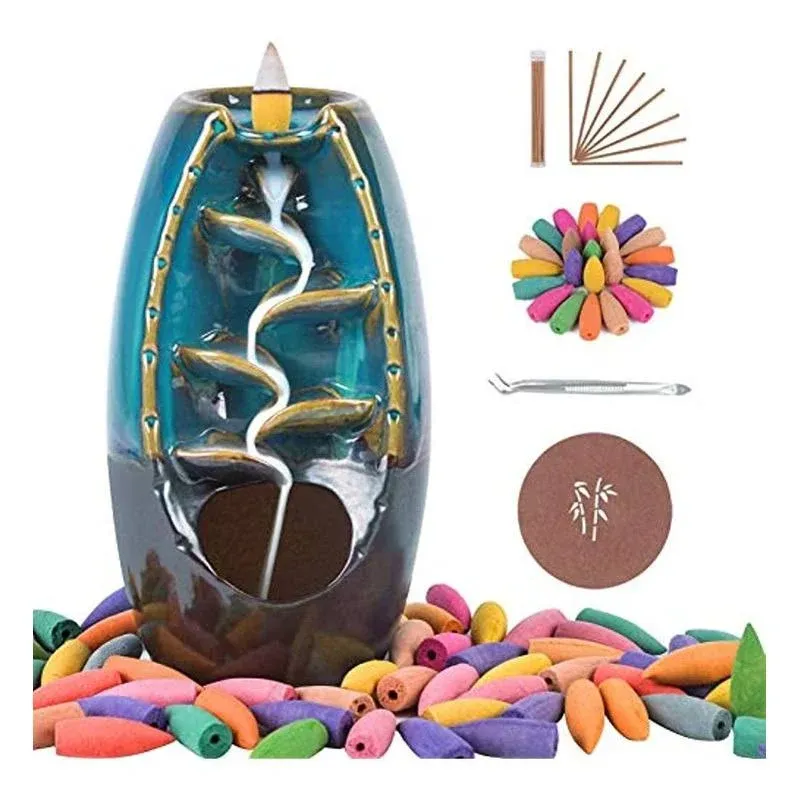 Backflow Incense Burner Ceramic Waterfall Incense Holder with 120 Backflow Incen